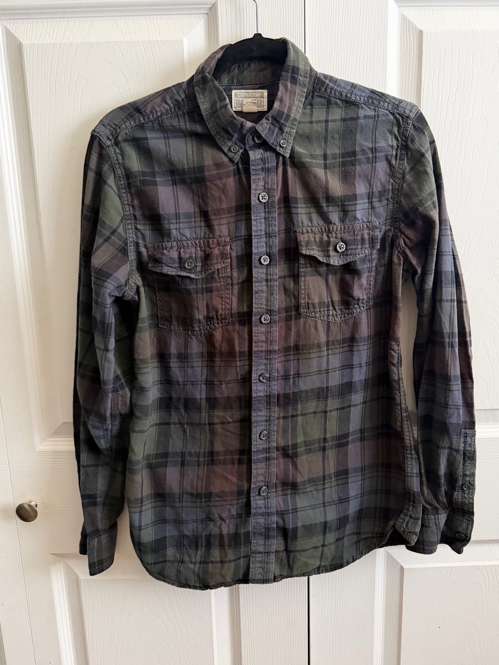 5 for $25! Converse Men's Plaid Button-Down Shirt - Olive, Black